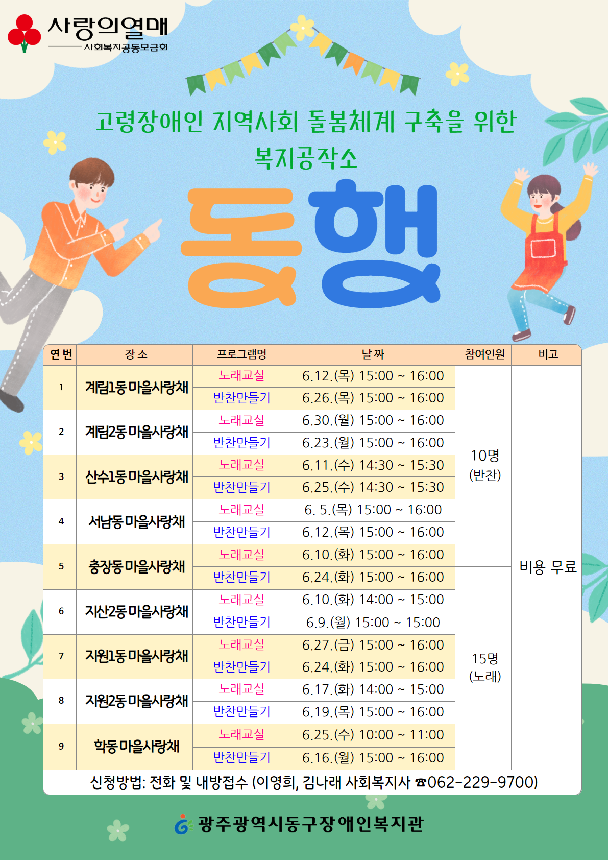 사랑의열매 사회복지공동모급회 고령장애인 지역사회 돌봄체계 구축을 위한 복지공작소 동행 1. 장소 - 계림1동 마을사랑채 프로그램명 - 노래교실 : 6.12.(목) 15:00 ~ 16:00 / 반찬만들기 : 6.26.(목) 15:00 ~ 16:00 참여인원 - 10명(반찬) 15명(노래) 비용 - 무료 2. 장소 - 계림2동 마을사랑채 프로그램명 - 노래교실 : 6.30.(월) 15:00 ~ 16:00 / 반찬만들기 : 6.23.(월) 15:00 ~ 16:00 참여인원 - 10명(반찬) 15명(노래) 비용 - 무료 3. 장소 - 산수1동 마을사랑채 프로그램명 - 노래교실 : 6.11.(수) 14:30 ~ 15:30 / 반찬만들기 : 6.25.(수)14:30 ~ 15:30 참여인원 - 10명(반찬) 15명(노래) 비용 - 무료 4. 장소 - 서남동 마을사랑채 프로그램명 - 노래교실 : 6.5.(목) 15:00 ~ 16:00 / 반찬만들기 : 6.12.(목) 15:00 ~ 16:00 참여인원 - 10명(반찬) 15명(노래) 비용 - 무료 5. 장소 - 충장동 마을사랑채 프로그램명 - 노래교실 : 6.10.(화) 15:00 ~ 16:00 / 반찬만들기 : 6.24.(화) 15:00 ~ 16:00 참여인원 - 10명(반찬) 15명(노래) 비용 - 무료 6. 장소 - 지산2동 마을사랑채 프로그램명 - 노래교실 : 6.10.(화) 14:00 ~ 15:00 / 반찬만들기 : 6.9.(월) 15:00 ~ 15:00 참여인원 - 10명(반찬) 15명(노래) 비용 - 무료 7. 장소 - 지원1동 마을사랑채 프로그램명 - 노래교실 : 6.27.(금) 15:00 ~ 16:00 / 반찬만들기 : 6.24.(화) 15:00 ~ 16:00 참여인원 - 10명(반찬) 15명(노래) 비용 - 무료 8. 장소 - 지원2동 마을사랑채 프로그램명 - 노래교실 : 6.17.(화) 14:00 ~ 15:00 / 반찬만들기 : 6.19.(목) 15:00 ~ 16:00 참여인원 - 10명(반찬) 15명(노래) 비용 - 무료 9. 장소 - 학동 마을사랑채 프로그램명 - 노래교실 : 6.25.(수) 10:00 ~ 11:00 / 반찬만들기 : 6.16.(월) 15:00 ~ 16:00 참여인원 - 10명(반찬) 15명(노래) 비용 - 무료 신청방법: 전화 및 내방접수 (이영희, 김나래 사회복지사 ☎062-229-9700) 광주광역시동구장애인복지관